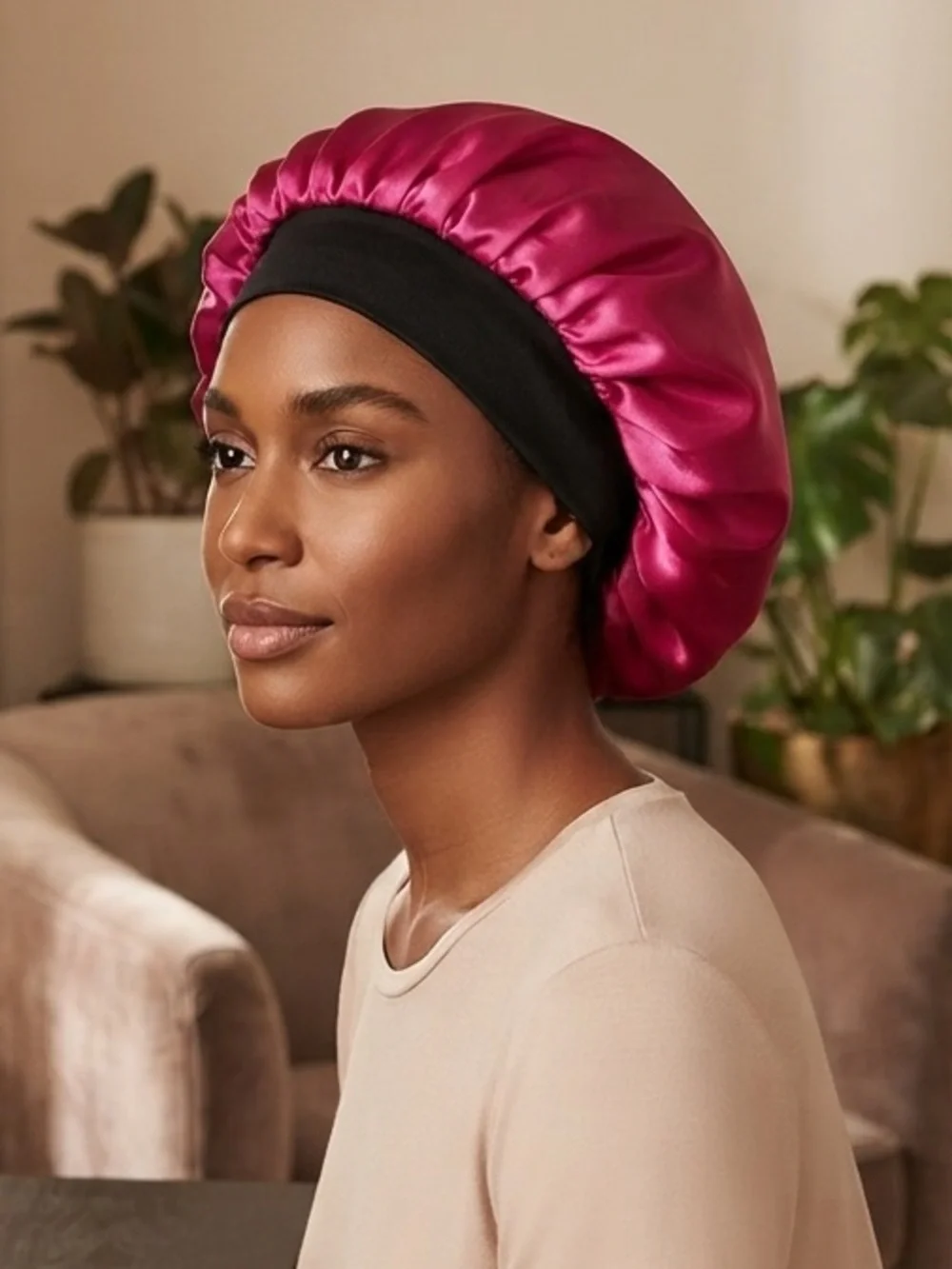 REVOLVE Hot Pink Satin Bonnet with Black Trim